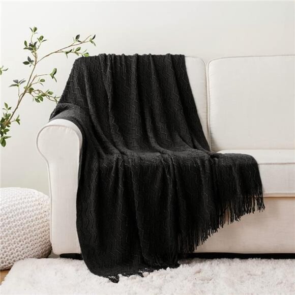 HOME Black Throw Blanket for Couch, Boho Throws for Home Decor, Soft - Picture 6 of 8